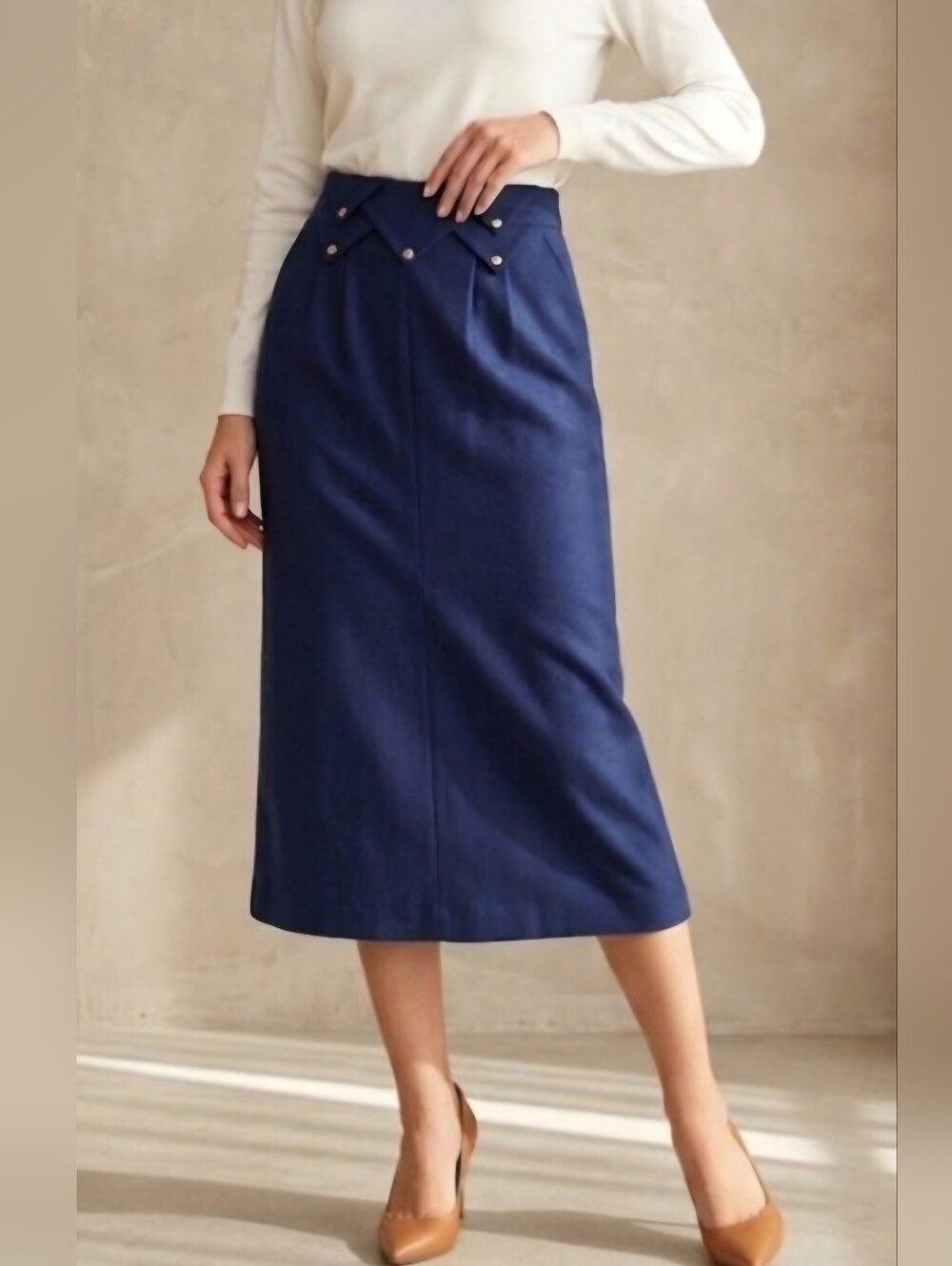 100% Wool Vintage Simon Chang Lined Pencil Skirt with Pockets / Sz 6 / Navy Blue